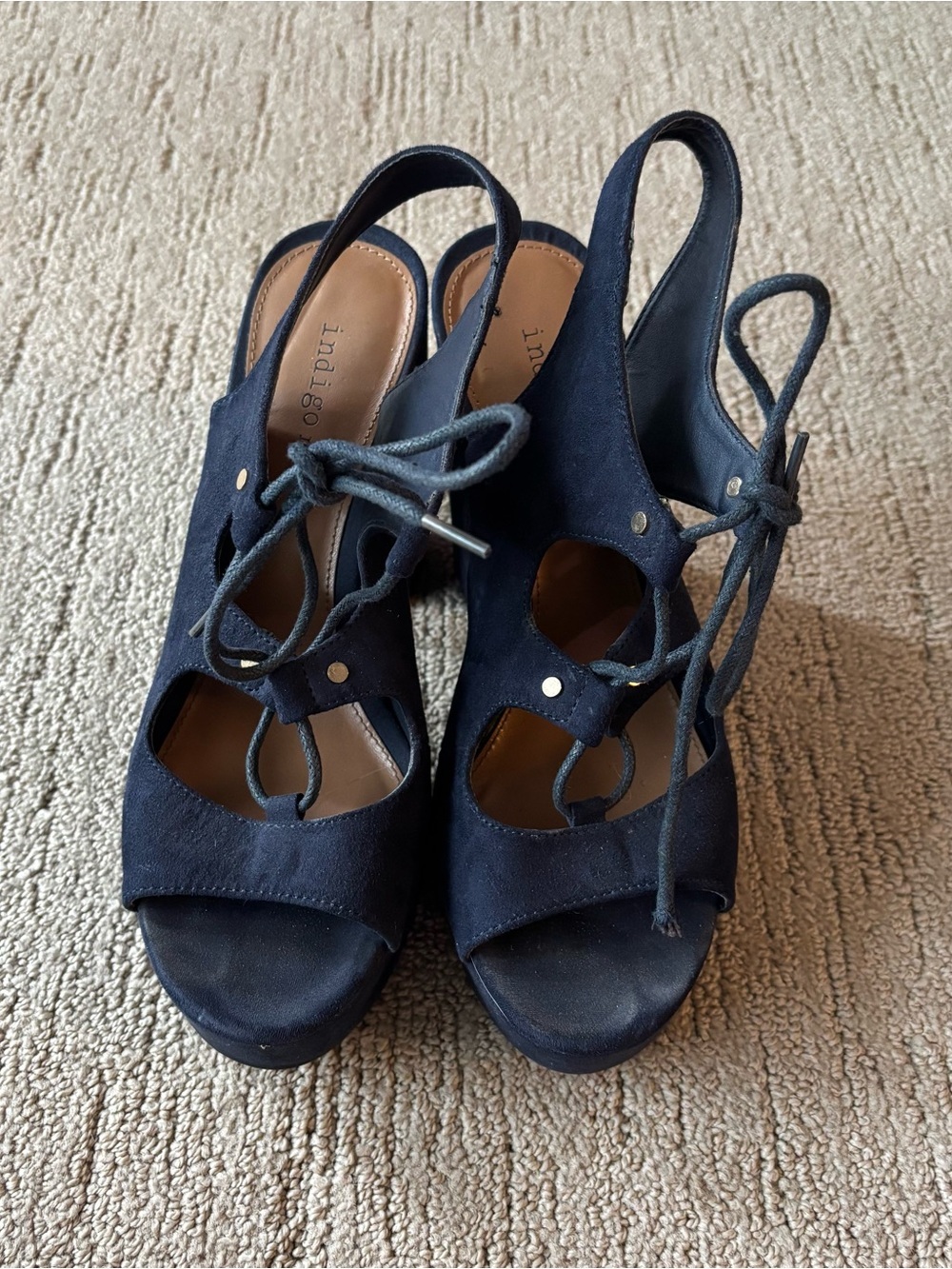 Indigo Navy Suede Lace-Up Cutout Slingback Heels